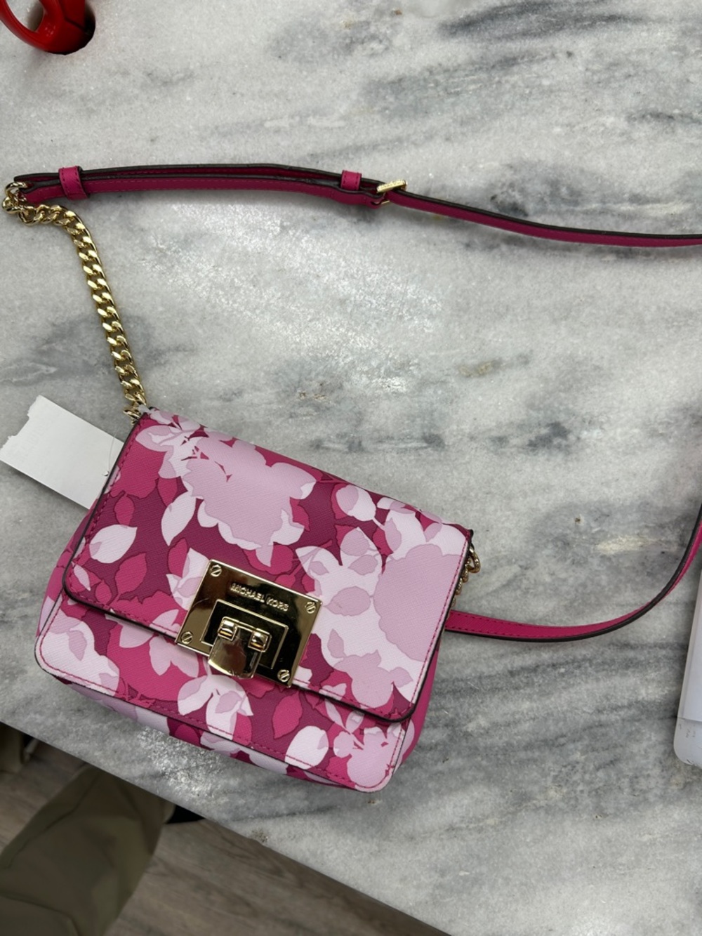 Michael Kors Pink Floral Leather Crossbody with Gold Hardware